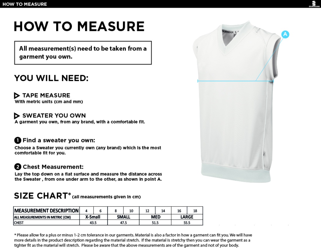 Coton CC Blast Sleeveless Women's Cricket Sweater - Size Guide