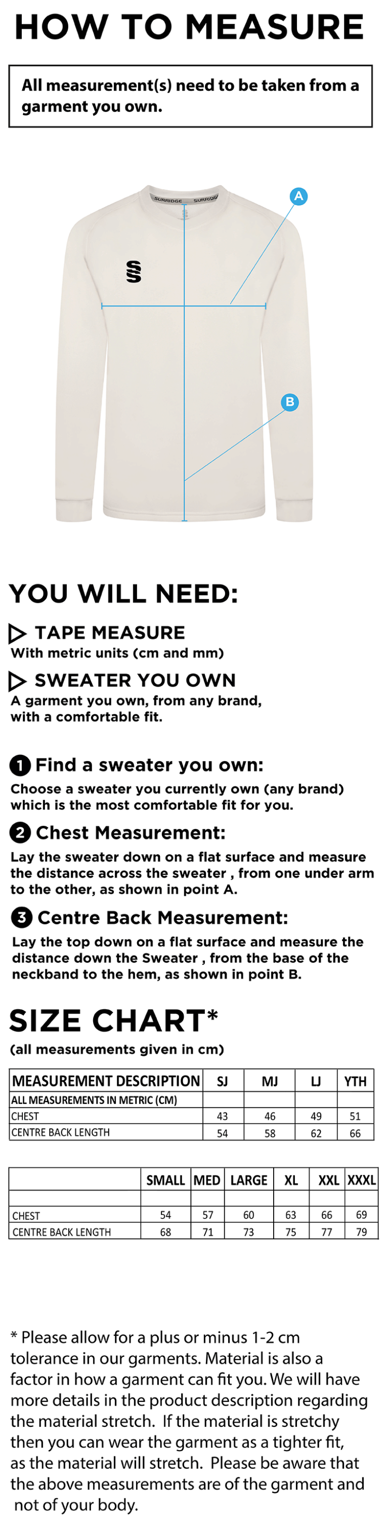 Coton Hall CC Blast Long Sleeve Cricket Sweater - Size Guide