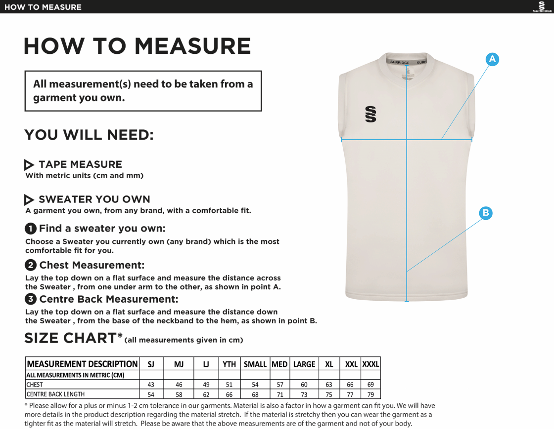 Coton CC Blast Sleeveless Cricket Sweater - Size Guide