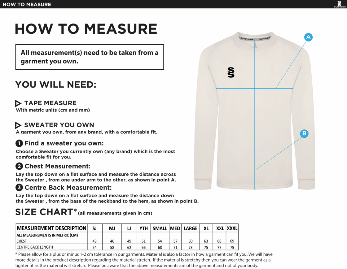 Coton Hall CC Blast Long Sleeve Cricket Sweater - Size Guide