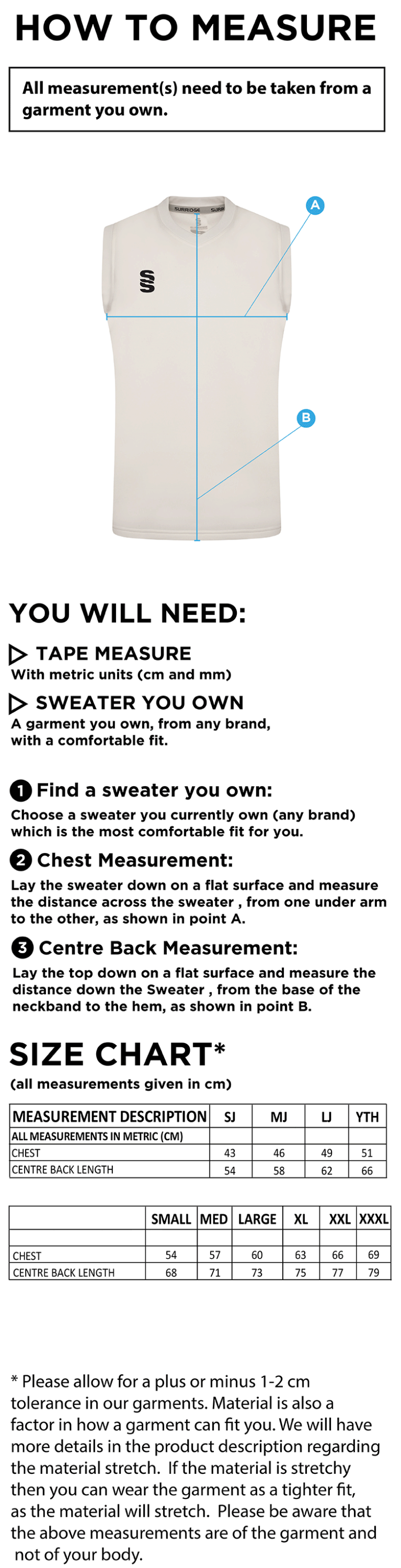 Coton CC Blast Sleeveless Cricket Sweater - Size Guide