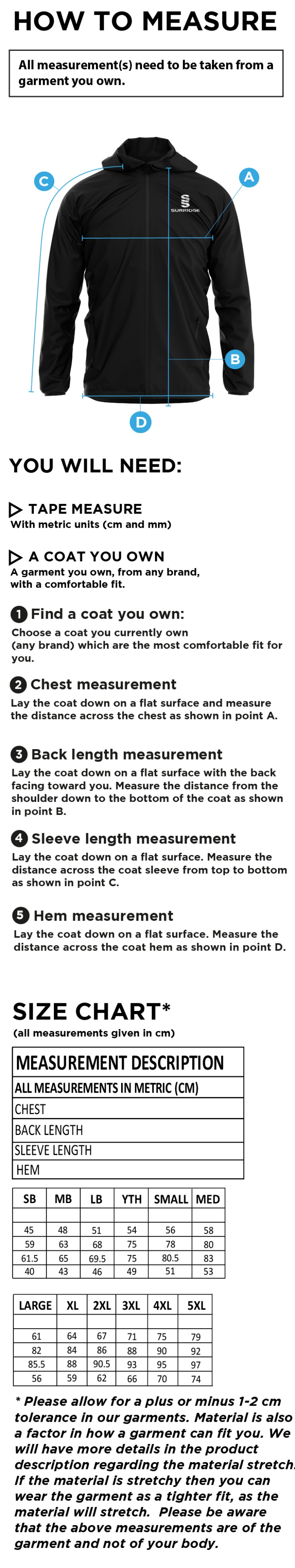 Coton Hall CC - Training Jacket - Size Guide