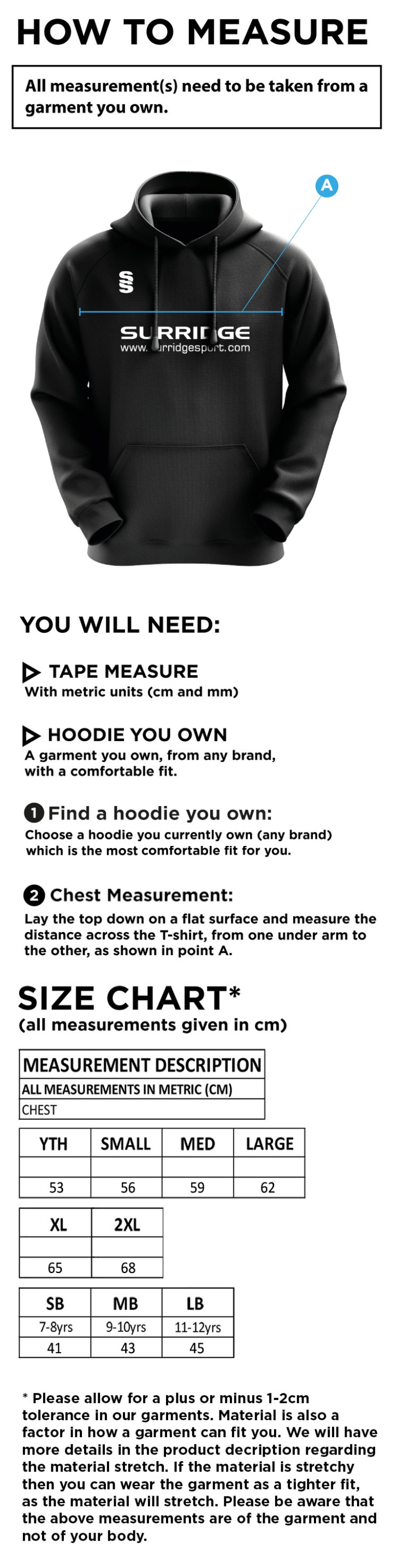 Coton Hall CC - Blade Hoody Navy/Royal/Amber - Size Guide
