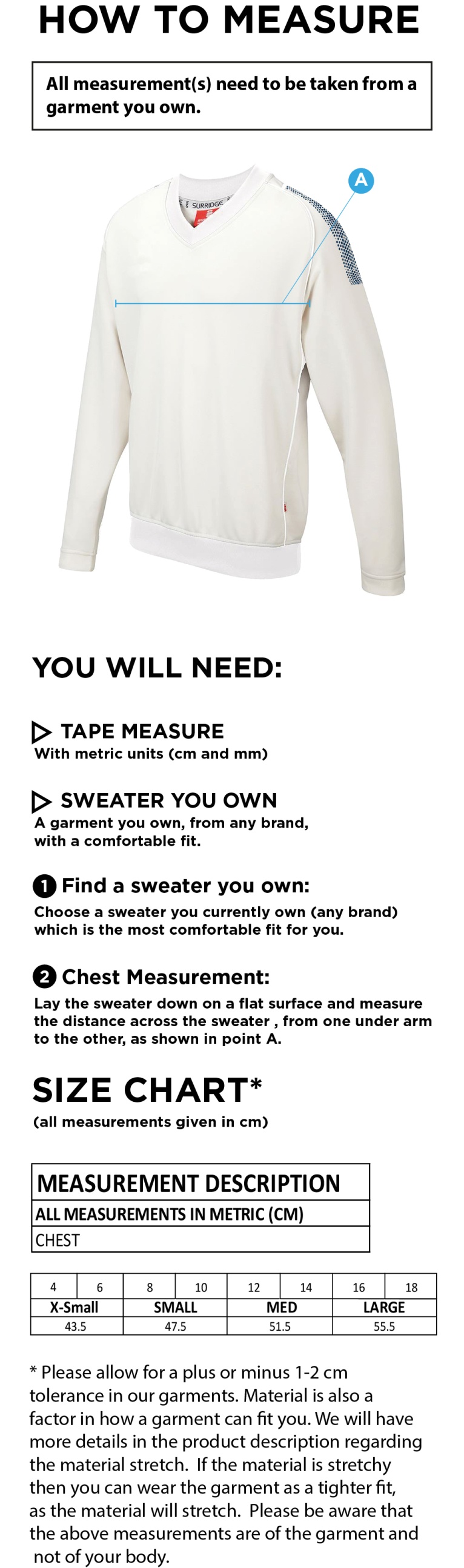 Coton Hall CC Blast Long Sleeve Women's Cricket Sweater - Size Guide