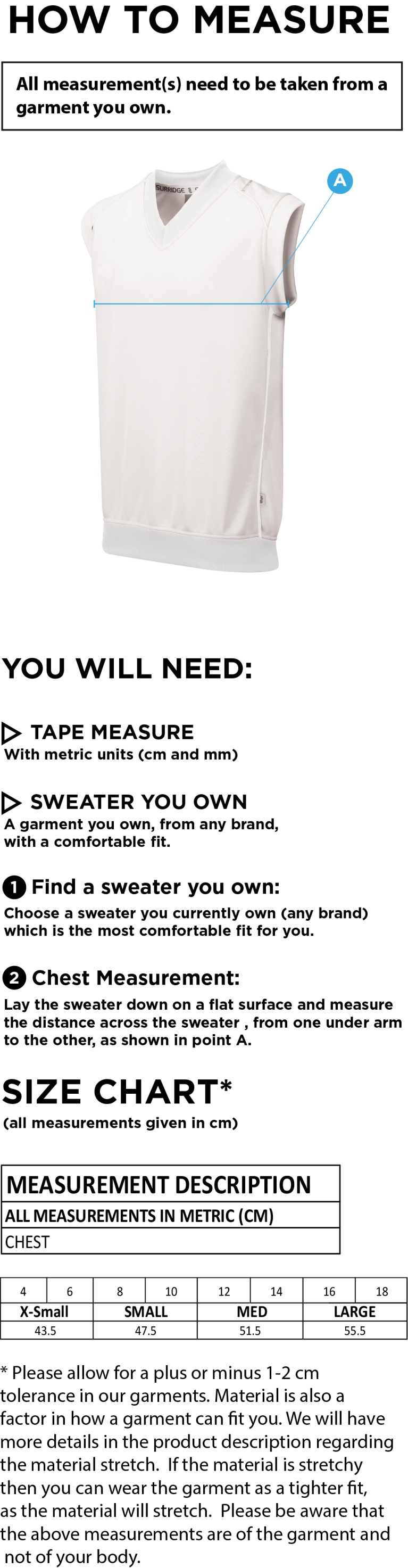 Coton CC Blast Sleeveless Women's Cricket Sweater - Size Guide