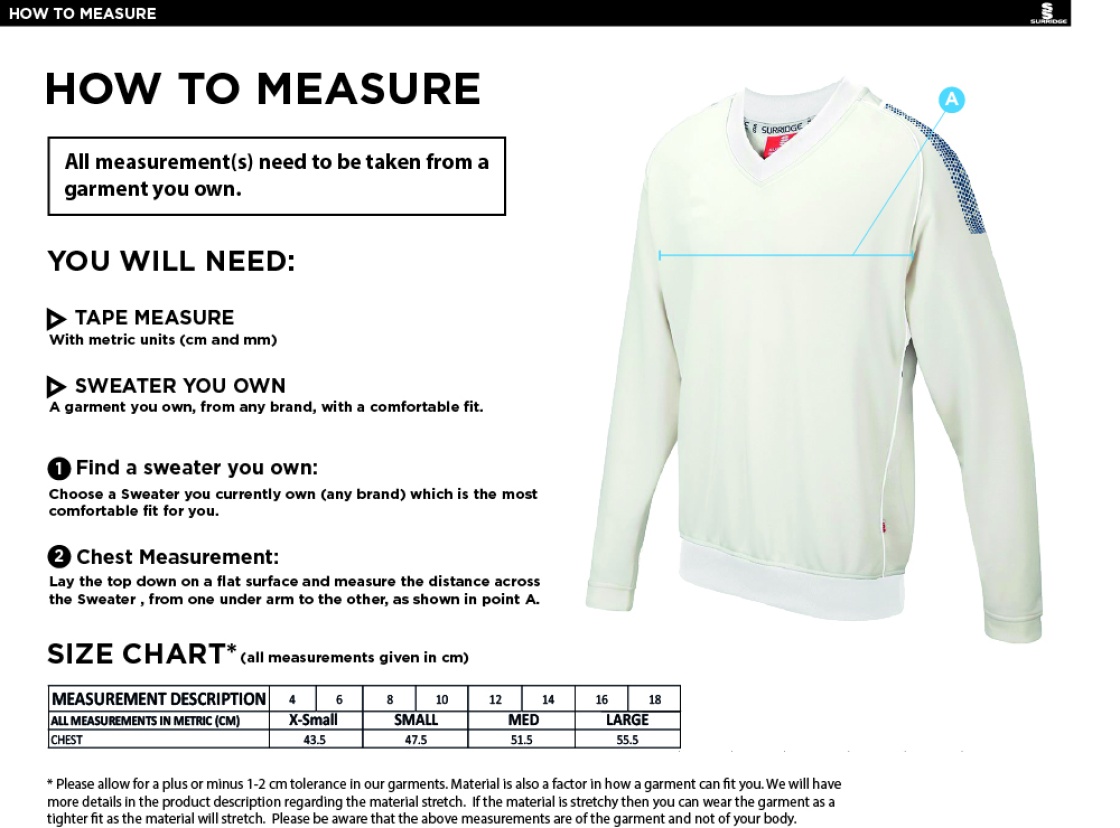 Coton Hall CC Blast Long Sleeve Women's Cricket Sweater - Size Guide