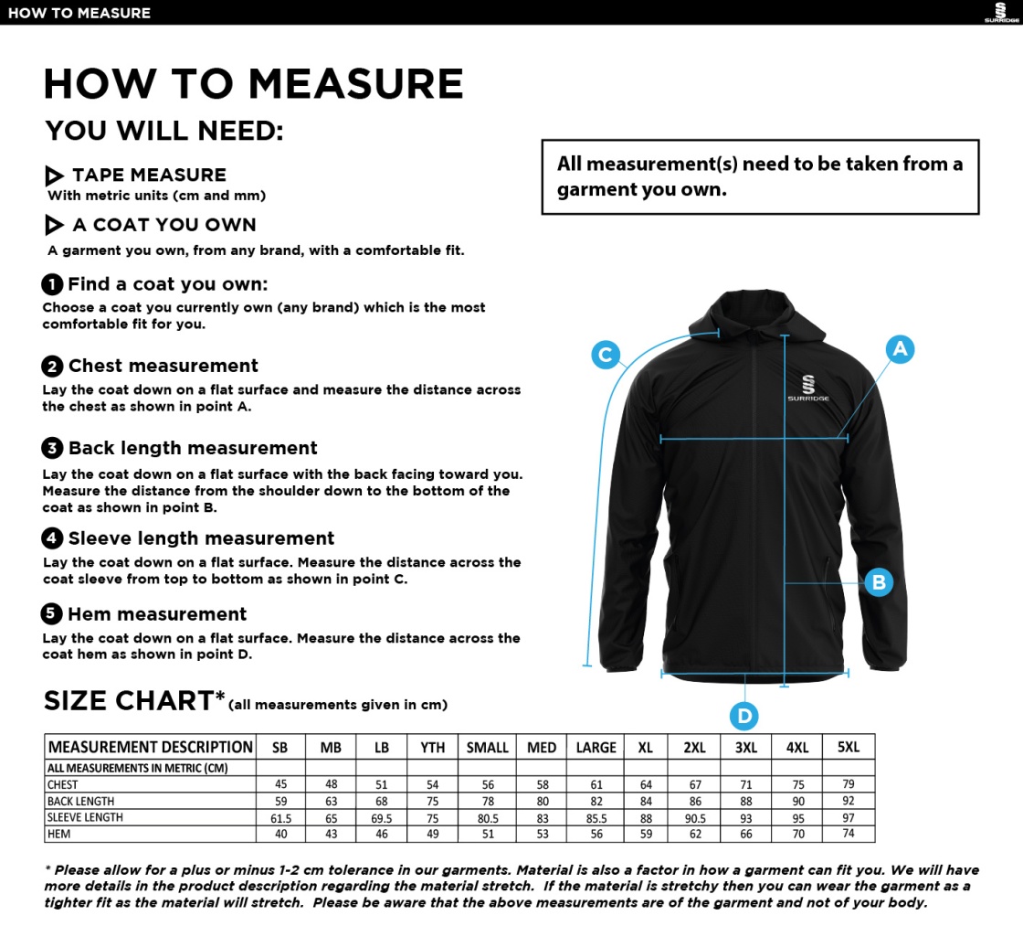 Coton Hall CC - Training Jacket - Size Guide