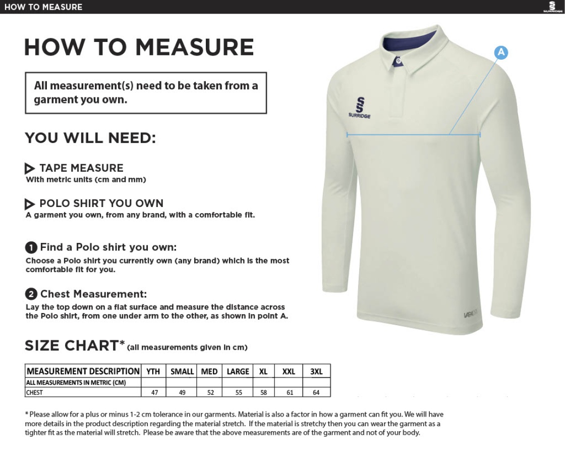 Coton Hall CC - Ergo Long Sleeve Navy Trim Shirt - Size Guide